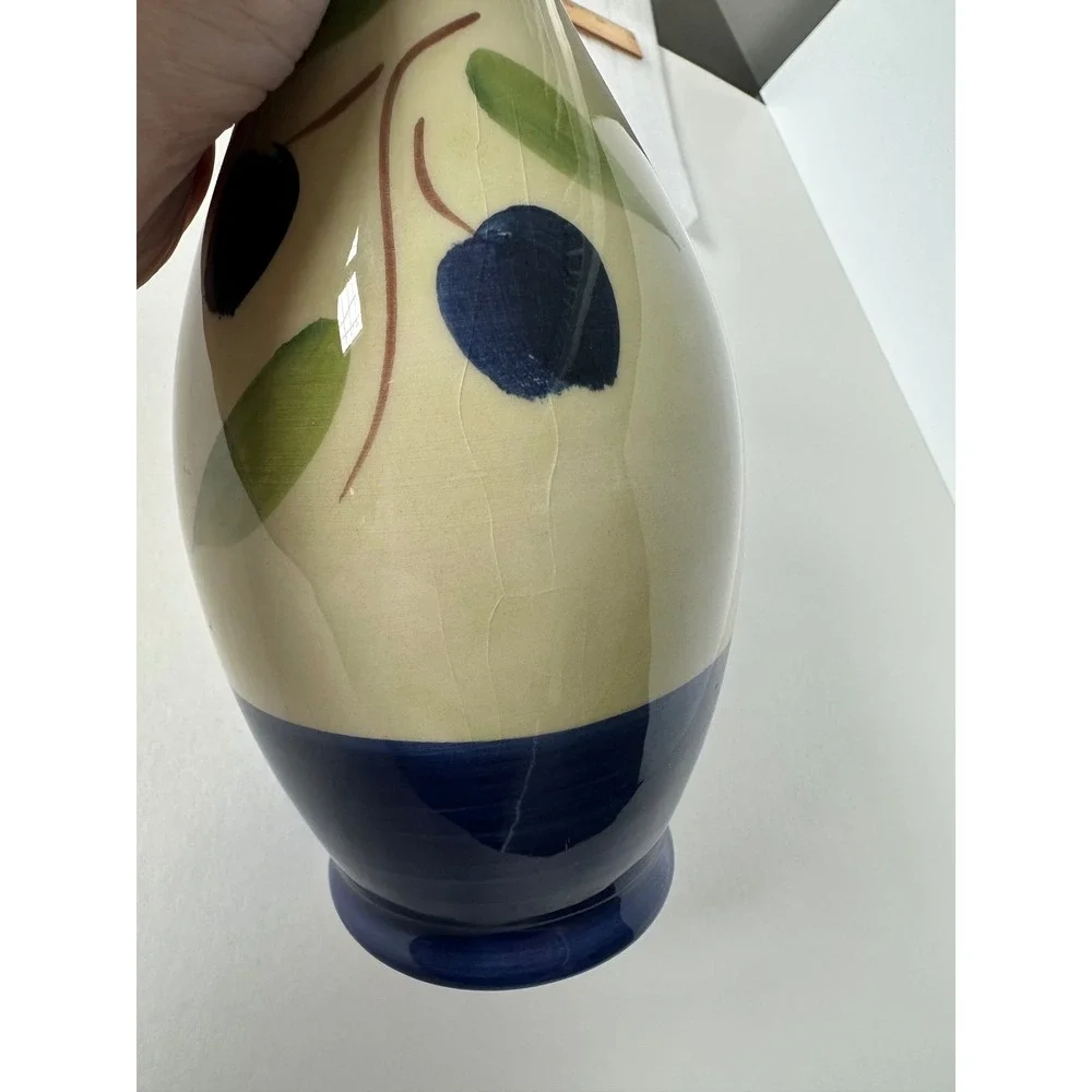 Ceramica AM Italy Hand Decorated Olive Branch Ceramic Vase Blue Cream 10 Inch